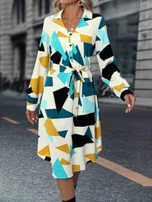 SHEIN Clasi 幾何印花腰帶襯衫洋裝 - 彩色 - 查看 2