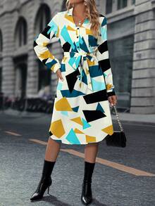 SHEIN Clasi 幾何印花腰帶襯衫洋裝 - 彩色 - 查看 5