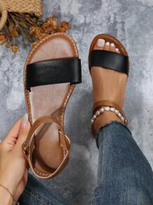 時尚極簡風格踝帶平底涼鞋,女性平底涼鞋 - 黑色 - 查看 1