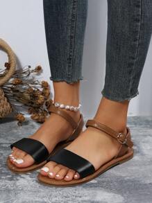 時尚極簡風格踝帶平底涼鞋,女性平底涼鞋 - 黑色 - 查看 2