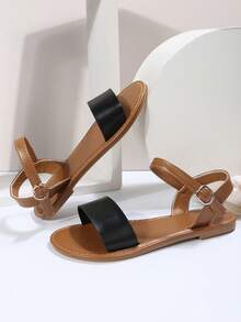 時尚極簡風格踝帶平底涼鞋,女性平底涼鞋 - 黑色 - 查看 6