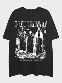 ROMWE MEN Goth Áo thun họa tiết bộ xương nam dành cho Halloween, trường học - màu đen - Xem 1