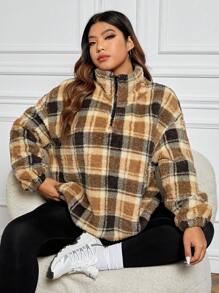SHEIN EZwear 大碼格紋印花落肩袖絨毛運動衫 - 彩色 - 查看 1