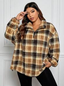 SHEIN EZwear 大碼格紋印花落肩袖絨毛運動衫 - 彩色 - 查看 8