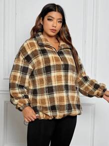 SHEIN EZwear 大碼格紋印花落肩袖絨毛運動衫 - 彩色 - 查看 4