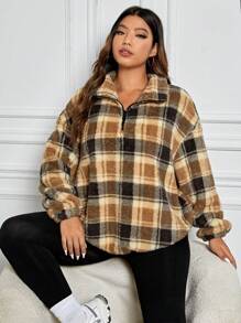 SHEIN EZwear 大碼格紋印花落肩袖絨毛運動衫 - 彩色 - 查看 5
