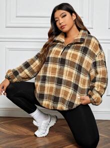 SHEIN EZwear 大碼格紋印花落肩袖絨毛運動衫 - 彩色 - 查看 6