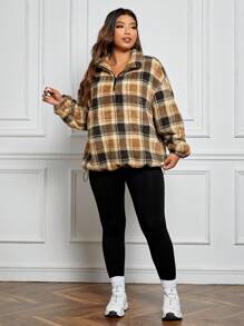 SHEIN EZwear 大碼格紋印花落肩袖絨毛運動衫 - 彩色 - 查看 7