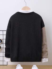 SHEIN 男大童學院風熊卡通圖案設計圓領套頭衫套頭毛衣適用於秋天和冬天 - 彩色 - 查看 2