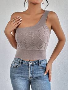 SHEIN Essnce One Shoulder Crop Knit Top - Khaki - View 3