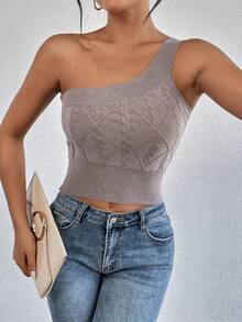 SHEIN Essnce One Shoulder Crop Knit Top - Khaki - View 4