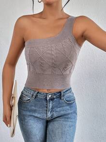 SHEIN Essnce One Shoulder Crop Knit Top - Khaki - View 5