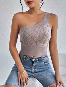 SHEIN Essnce One Shoulder Crop Knit Top - Khaki - View 7