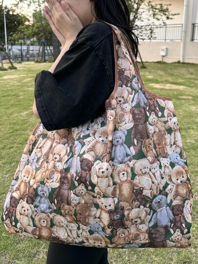 Large Capacity Cartoon Bear Pattern Portable Foldable Shopping Bag, Beach Bag, Yoga Bag