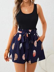 SHEIN LUNE Solid Tank Top & Feather Print Belted Shorts - Multicolor - View 3