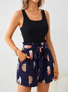 SHEIN LUNE Solid Tank Top & Feather Print Belted Shorts - Multicolor - View 6