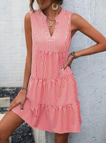 SHEIN VCAY Striped Print Notched Neck Ruffle Hem Smock Dress - Red - View 1