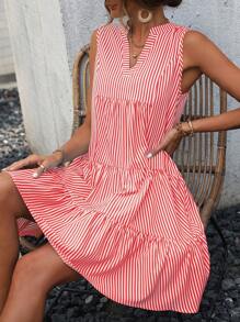 SHEIN VCAY Striped Print Notched Neck Ruffle Hem Smock Dress - Red - View 5