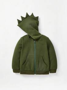 Cozy Pixies Bebé niño Camiseta con estampado de dibujos animados & Capucha con cremallera & Pantalones deportivos con diseño de parche 3D - Verde militar - Ver 3