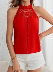 SHEIN Clasi Guipure Lace Insert Halter Neck Blouse - Red - View 1