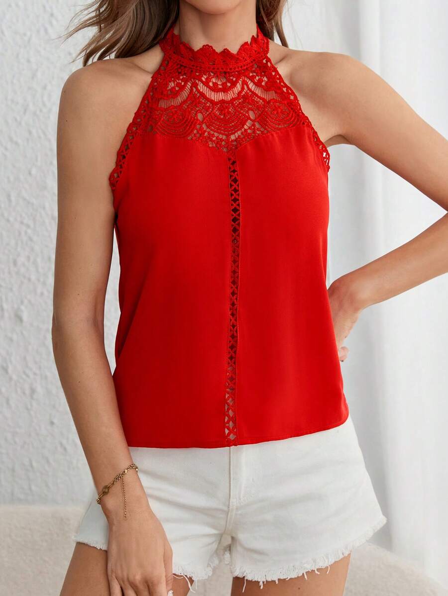 SHEIN Clasi Guipure Lace Insert Halter Neck Blouse - Red - View 1