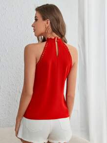 SHEIN Clasi Guipure Lace Insert Halter Neck Blouse - Red - View 2