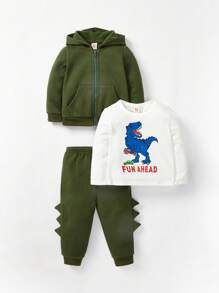 Cozy Pixies Bebé niño Camiseta con estampado de dibujos animados & Capucha con cremallera & Pantalones deportivos con diseño de parche 3D - Verde militar - Ver 8