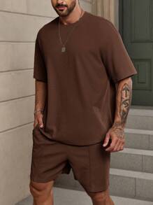 Manfinity Homme Men's Solid Loose Fit T-Shirt & Drawstring Waist Shorts, Cozy Outfits - Coffee Brown - View 3