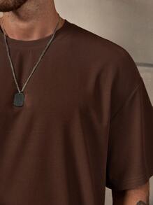 Manfinity Homme Men's Solid Loose Fit T-Shirt & Drawstring Waist Shorts, Cozy Outfits - Coffee Brown - View 6