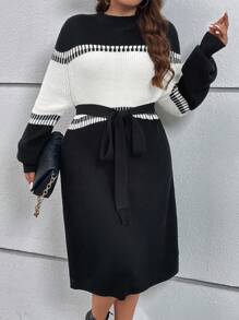 SHEIN LUNE Plus Colorblock Drop Shoulder Belted Sweater Dress In Fall/Winter - Black and White - View 1