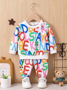 SHEIN 2 件装女婴彩虹字母印花运动衫和运动裤套装 - 彩色 - 查看 1