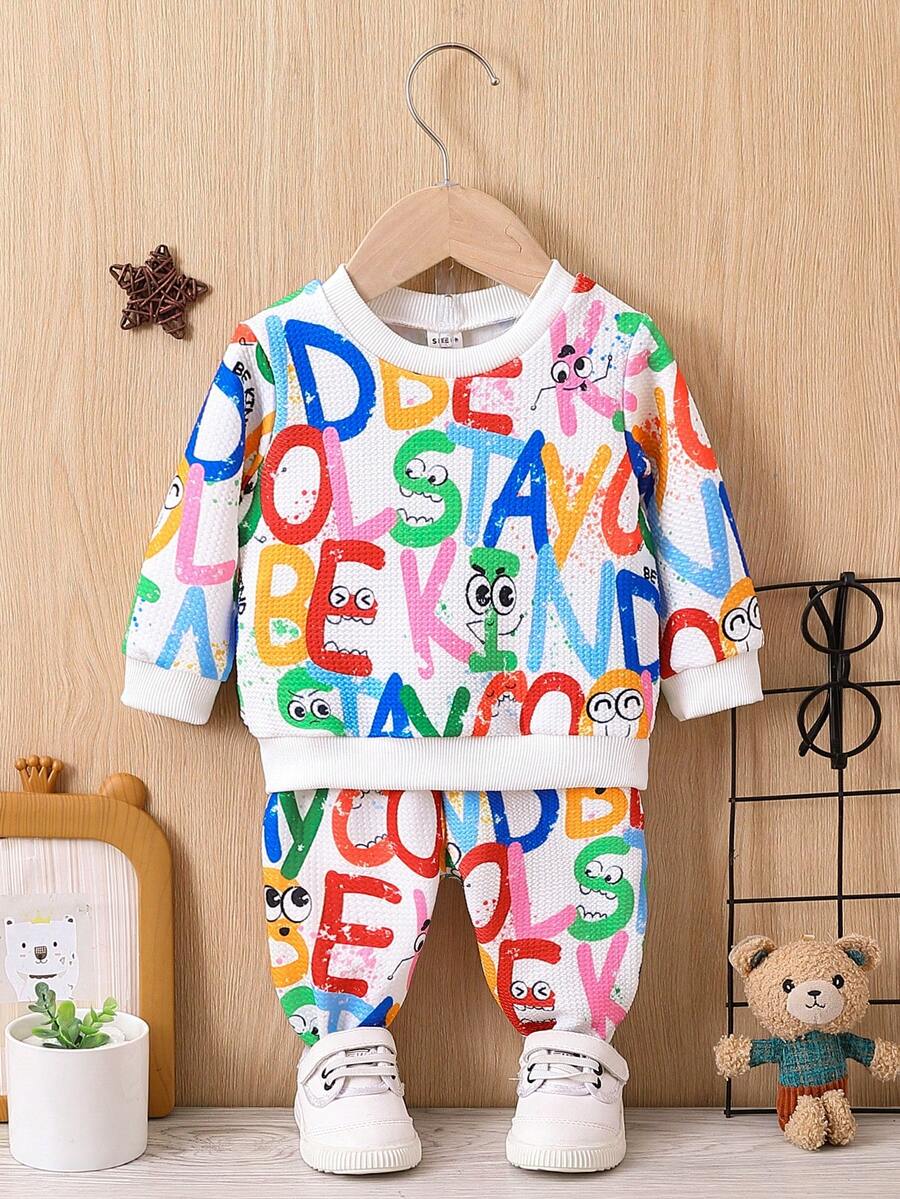 SHEIN 2 件装女婴彩虹字母印花运动衫和运动裤套装 - 彩色 - 查看 1