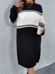 SHEIN LUNE Plus Colorblock Drop Shoulder Belted Sweater Dress In Fall/Winter - Black and White - View 6