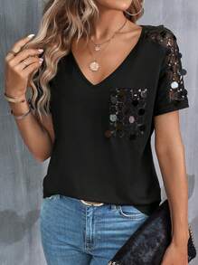 SHEIN LUNE Contrast Sequin Pocket Patched Tee