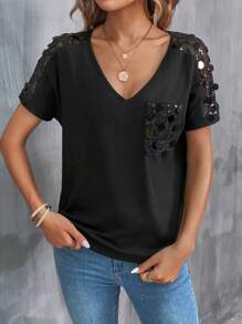 SHEIN LUNE Contrast Sequin Pocket Patched Tee