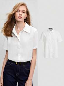 BizChic Women's Loose Solid Color Button Front Shirt, White Button Blouse, Casual Short Sleeve Top