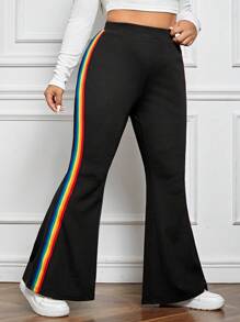SHEIN EZwear Plus LGBT Rainbow Striped Tape Side Flare Leg Pants - Black - View 1