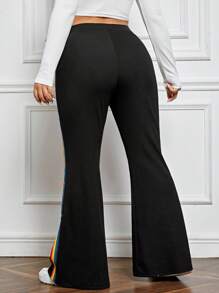 SHEIN EZwear Plus LGBT Rainbow Striped Tape Side Flare Leg Pants - Black - View 2