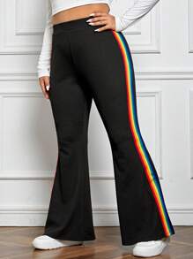 SHEIN EZwear Plus LGBT Rainbow Striped Tape Side Flare Leg Pants - Black - View 3