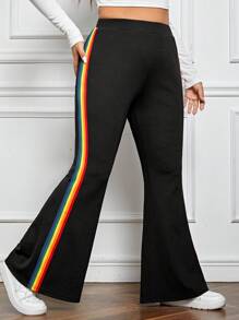 SHEIN EZwear Plus LGBT Rainbow Striped Tape Side Flare Leg Pants - Black - View 4