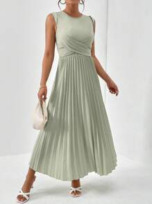SHEIN Privé Solid Pleated Hem A-line Dress - Mint Green - View 3