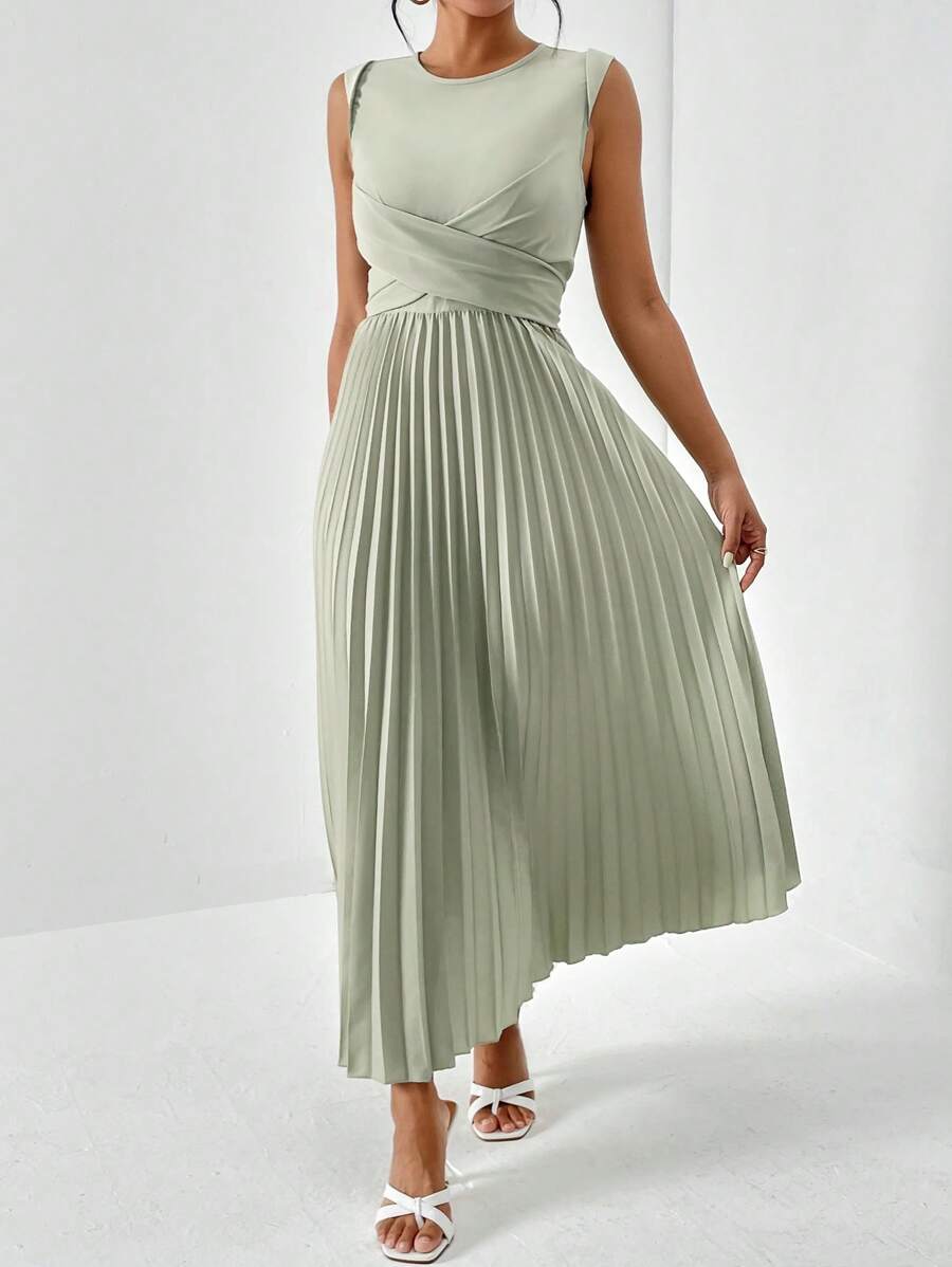 SHEIN Privé Solid Pleated Hem A-line Dress - Mint Green - View 1