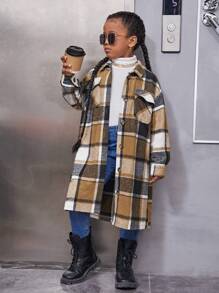 SHEIN Tween Girl Plaid Flap Pocket Drop Shoulder Overcoat