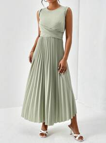 SHEIN Privé Solid Pleated Hem A-line Dress - Mint Green - View 4