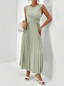 SHEIN Privé Solid Pleated Hem A-line Dress - Mint Green - View 5