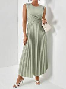 SHEIN Privé Solid Pleated Hem A-line Dress - Mint Green - View 6