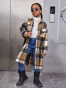 SHEIN Tween Girl Plaid Flap Pocket Drop Shoulder Overcoat