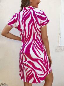 SHEIN LUNE 斑馬紋前紐扣襯衫連衣裙 - 玫紅色 - 查看 2