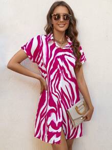 SHEIN LUNE 斑馬紋前紐扣襯衫連衣裙 - 玫紅色 - 查看 3