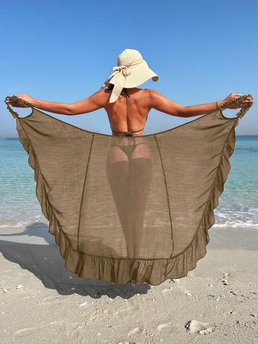 SHEIN Swim Solid Ruffle Trim Kimono, For Summer Beach Vacation - Khaki - View 1